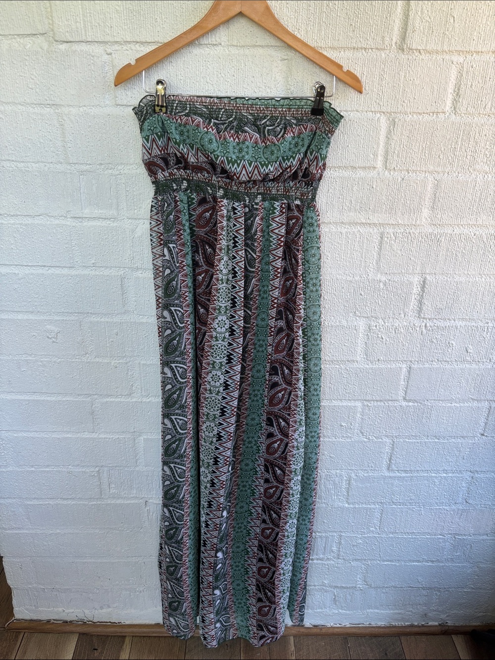 Karis Boho Strapless Maxi Tube Top Dress in Green and Brown sz M